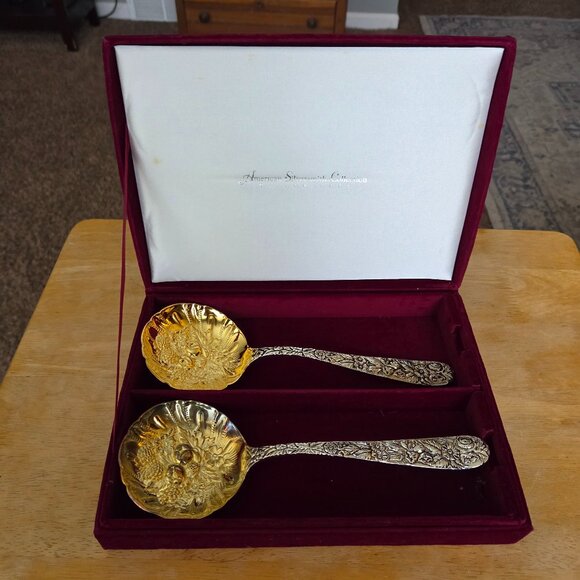 Two Godinger Silverplate Serving Spoons. For Sale at Ruby Lane GODINGER SILVER ART CO BERRY SERVING SPOONS SET OF 2 SILVER & GOLD ORIG CASE-EUC